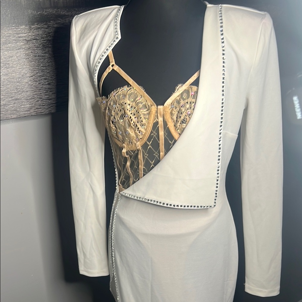 Private Label White Asymmetrical Dress with Gold Lace Bodice Accent